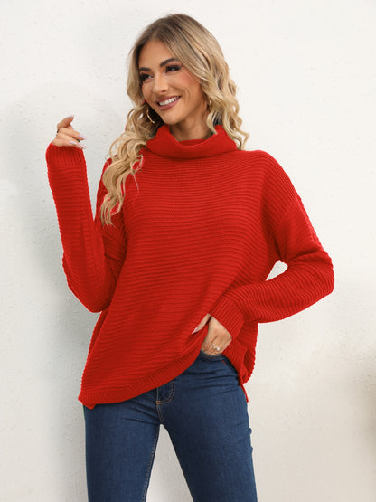 Slit Turtleneck Dropped Shoulder Sweater Deep Red