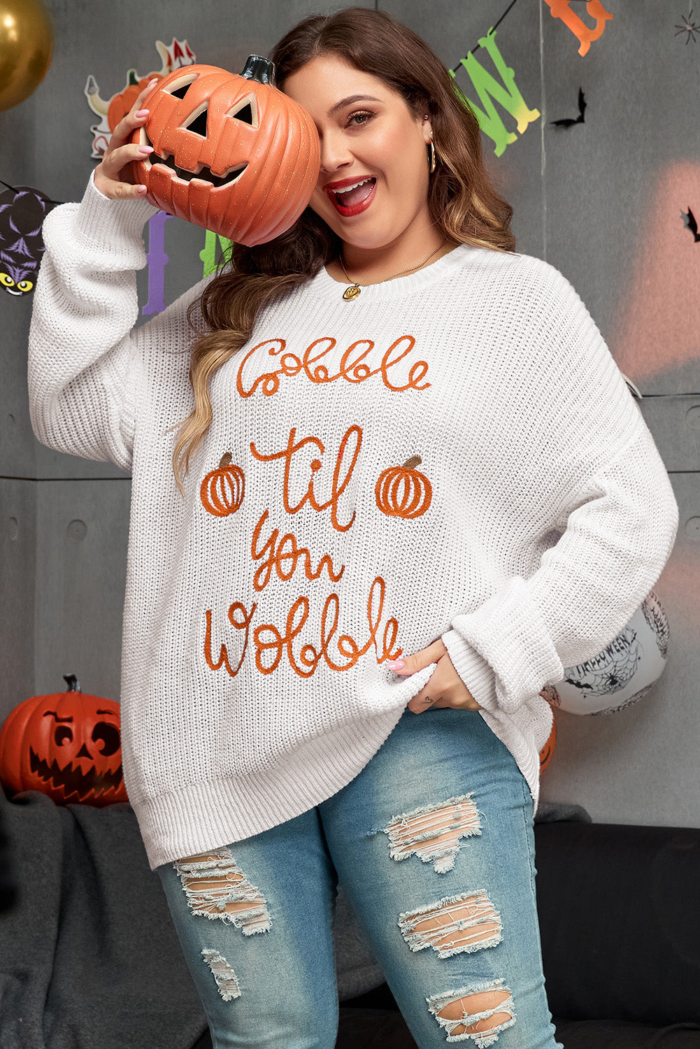 White Gobble Til You Wobble Pop Up Crochet Plus Size Sweater