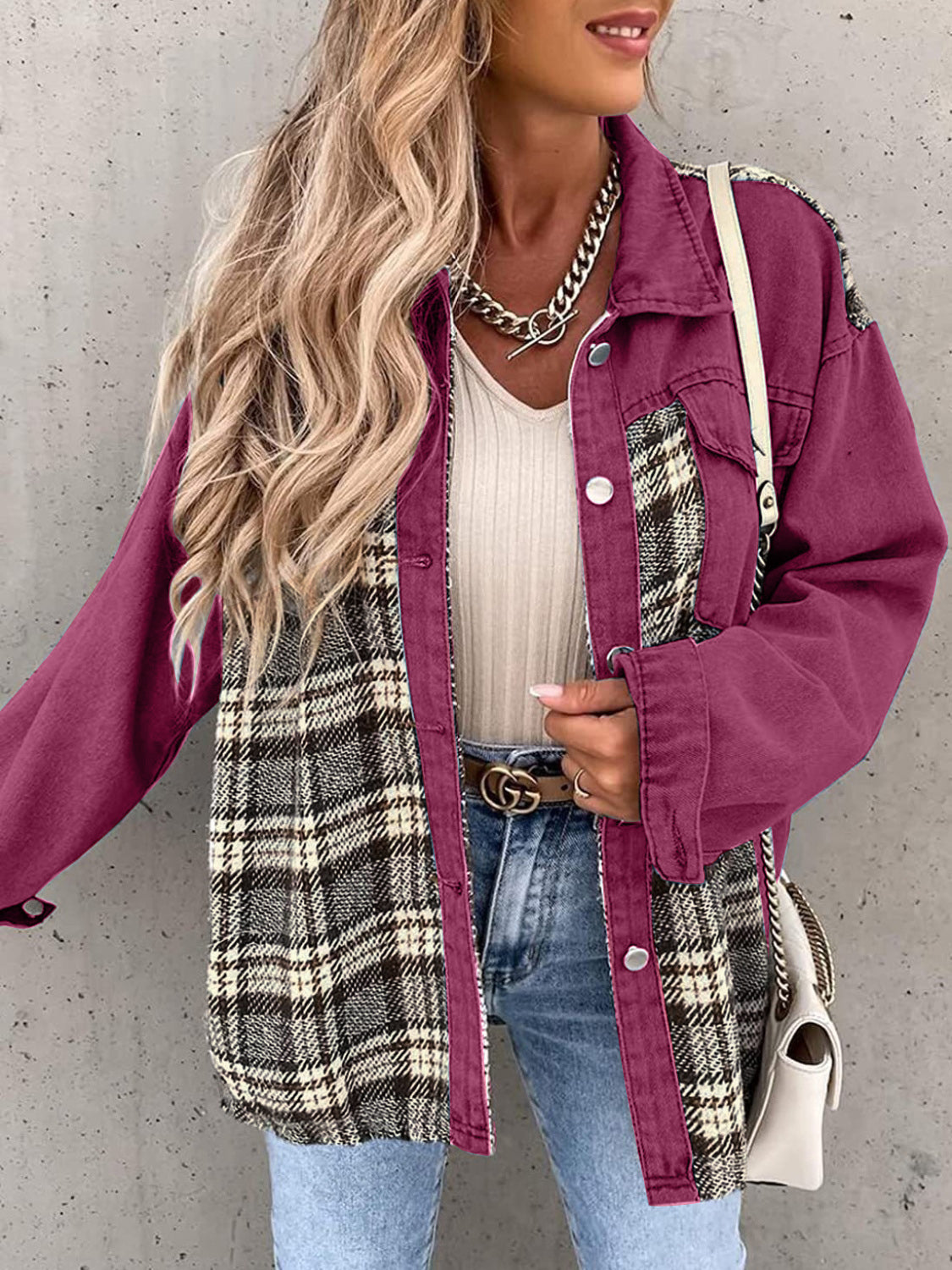 Plaid Button Up Dropped Shoulder Jacket Burgundy