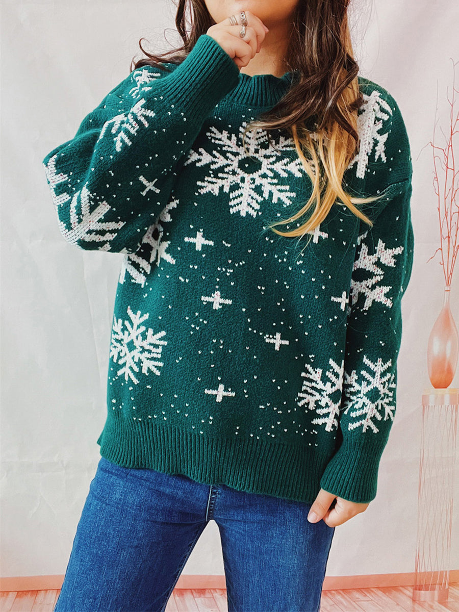 Snowflake Pattern Dropped Shoulder Sweater Green