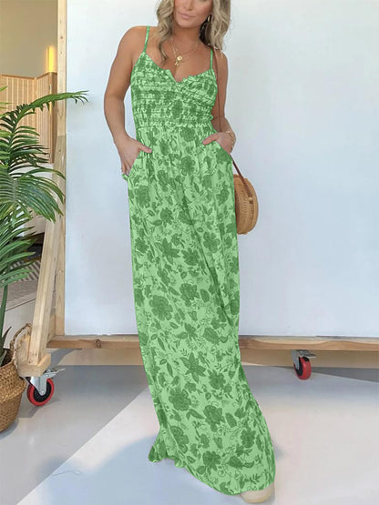 Full Size Printed Spaghetti Strap Wide Leg Jumpsuit Green