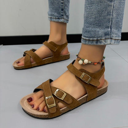 Open Toe Flat Buckle Sandals Mocha