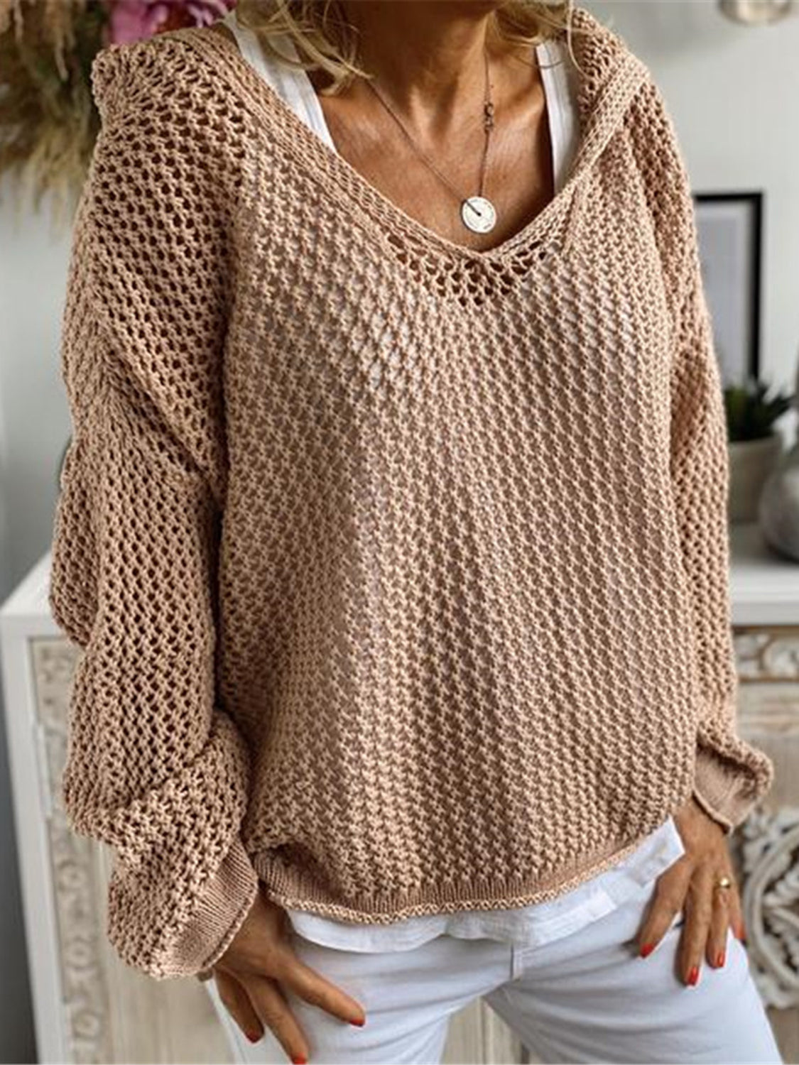 Openwork Hooded Long Sleeve Sweater Tan