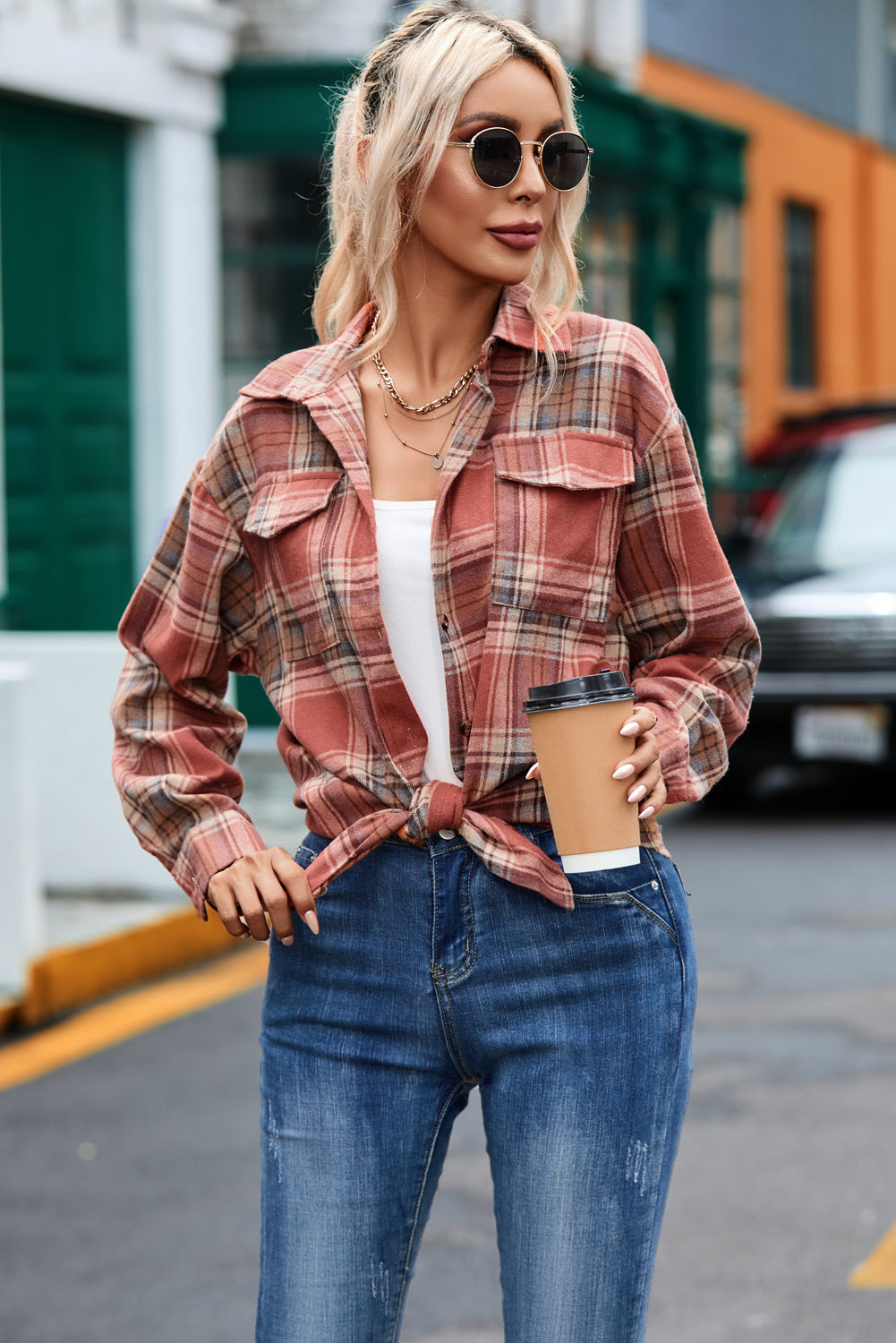 Plaid Collared Neck Long Sleeve Shirt Brick Red