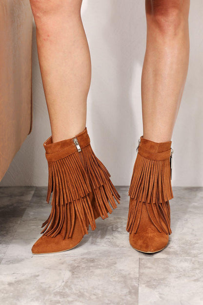 Legend Women's Tassel Wedge Heel Ankle Booties Caramel