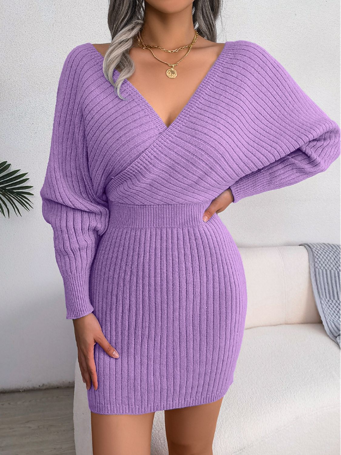 Rib-Knit Dolman Sleeve Sweater Dress Heliotrope Purple