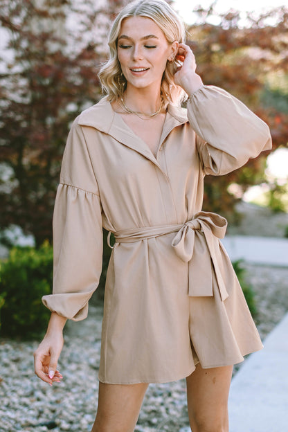 Tie Front Button Up Collared Neck Rompers Camel