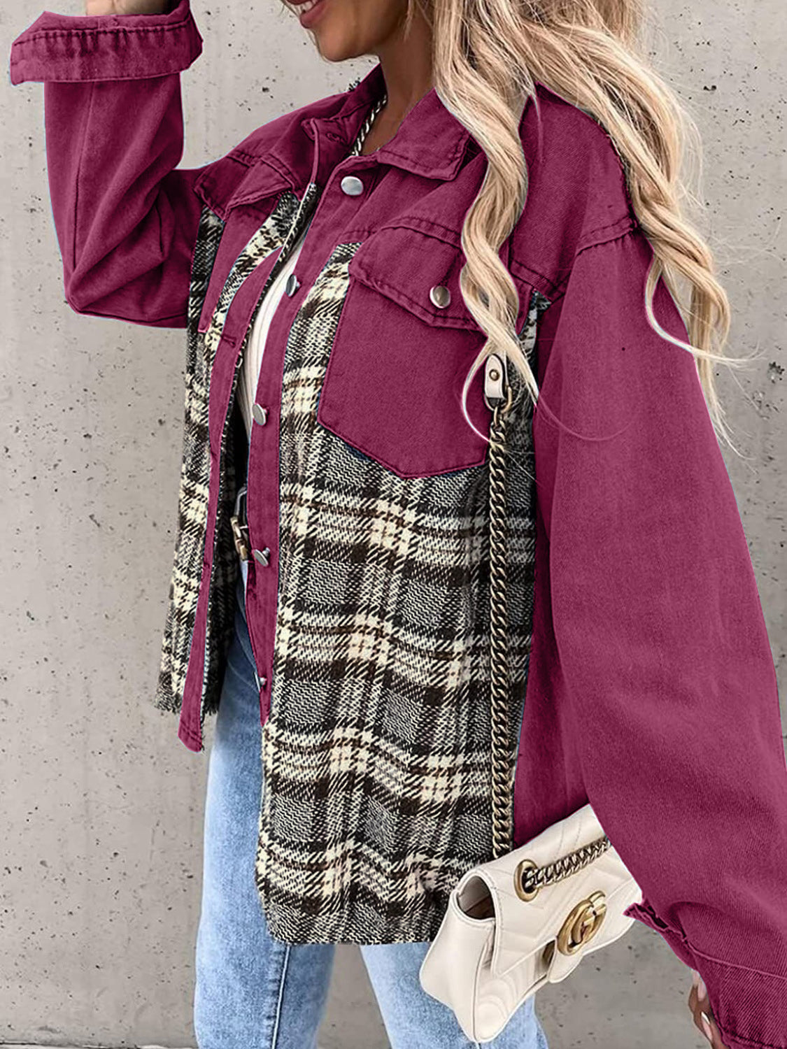 Plaid Button Up Dropped Shoulder Jacket - Thandynie