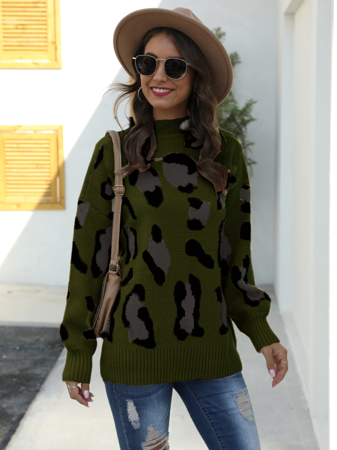 Leopard Mock Neck Dropped Shoulder Sweater Army Green