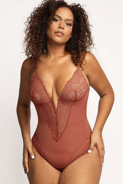 Full Size Lace Detail Sleeveless Shaping Bodysuit Caramel