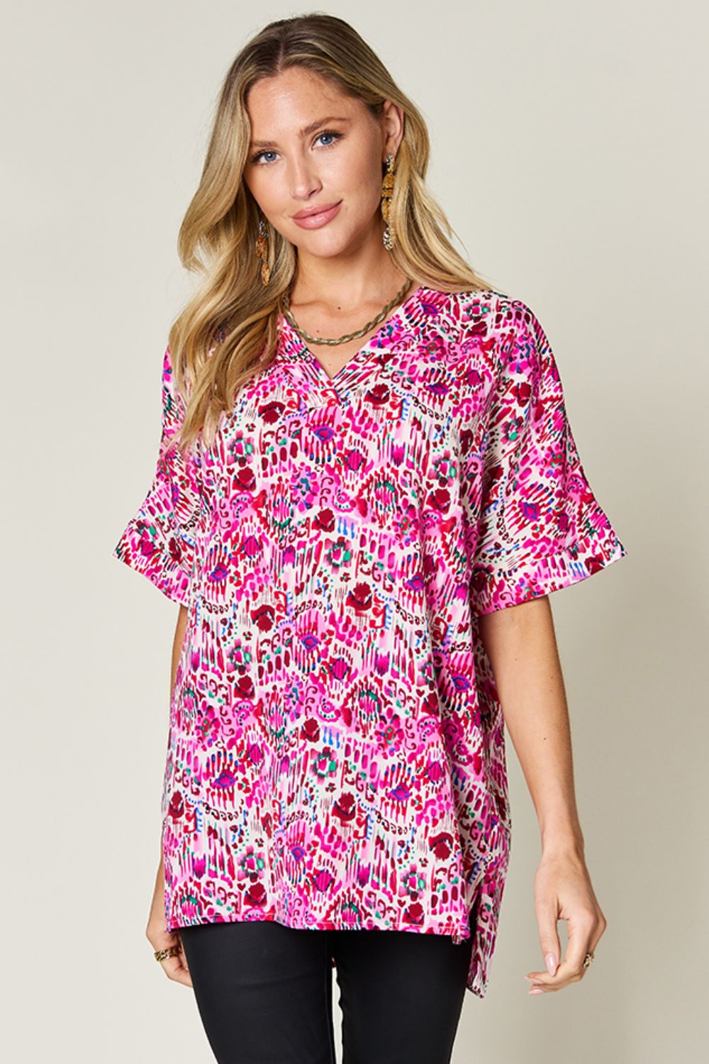 Double Take Full Size Printed V-Neck Short Sleeve Blouse Pink