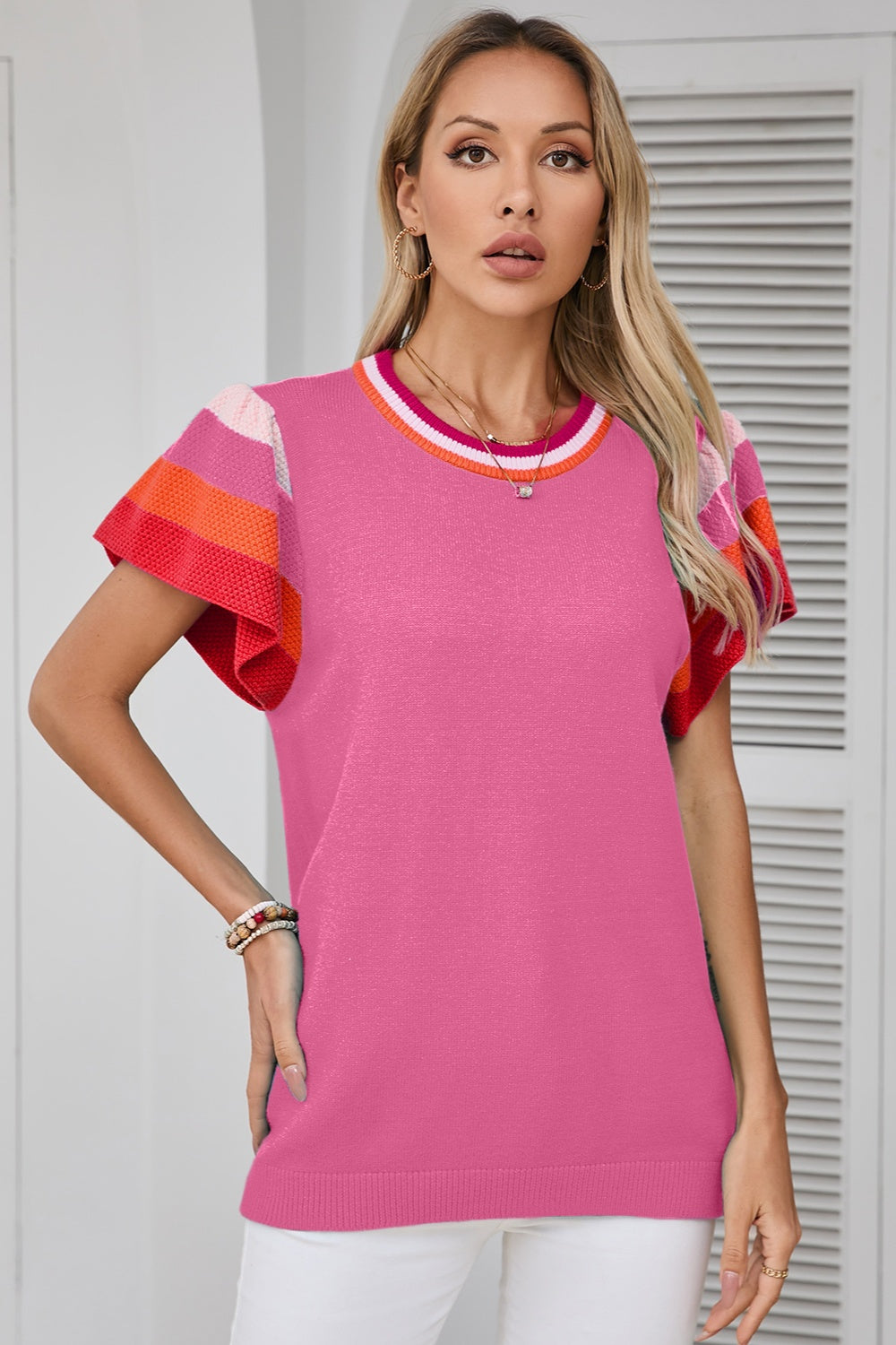 Color Block Round Neck Knit Top Pink