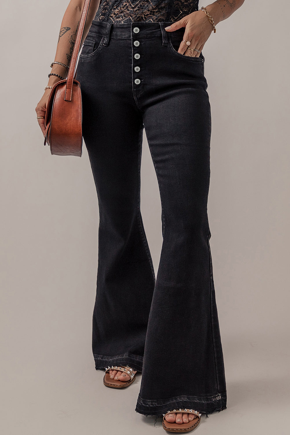 Black High Waist Button Front Flare Jeans Black 71%Cotton+27.5%Polyester+1.5%Elastane