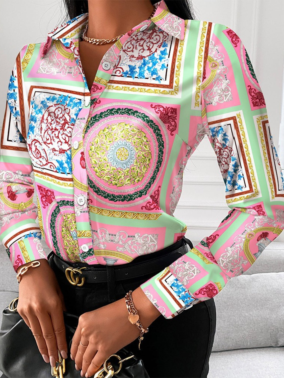 Printed Collared Neck Long Sleeve Shirt Dusty Pink