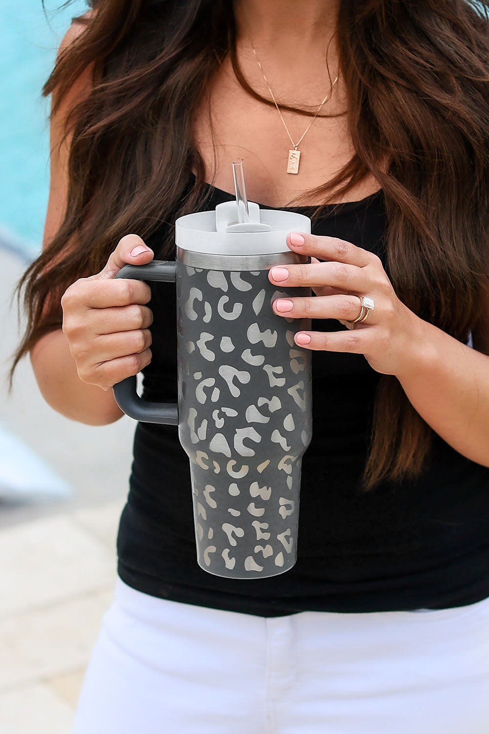 Gray Leopard Print 40OZ Stainless Steel Portable Cup with Handle Gray ONE SIZE Stainless steel