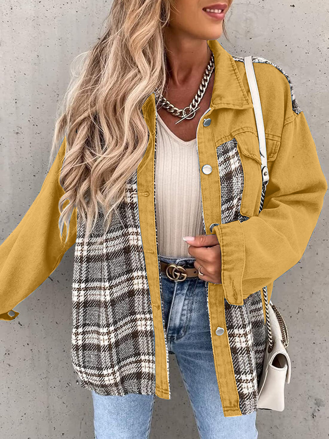 Plaid Button Up Dropped Shoulder Jacket - Thandynie