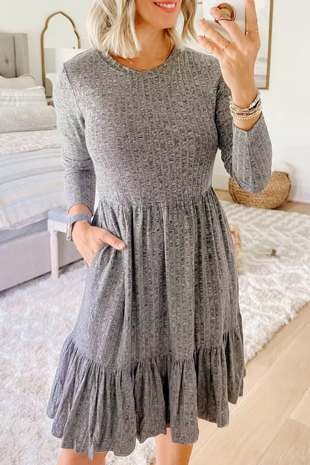 Gray Pinstriped Textured Ruffled A-line Midi Dress Gray 70%Polyester+27%Viscose+3%Elastane