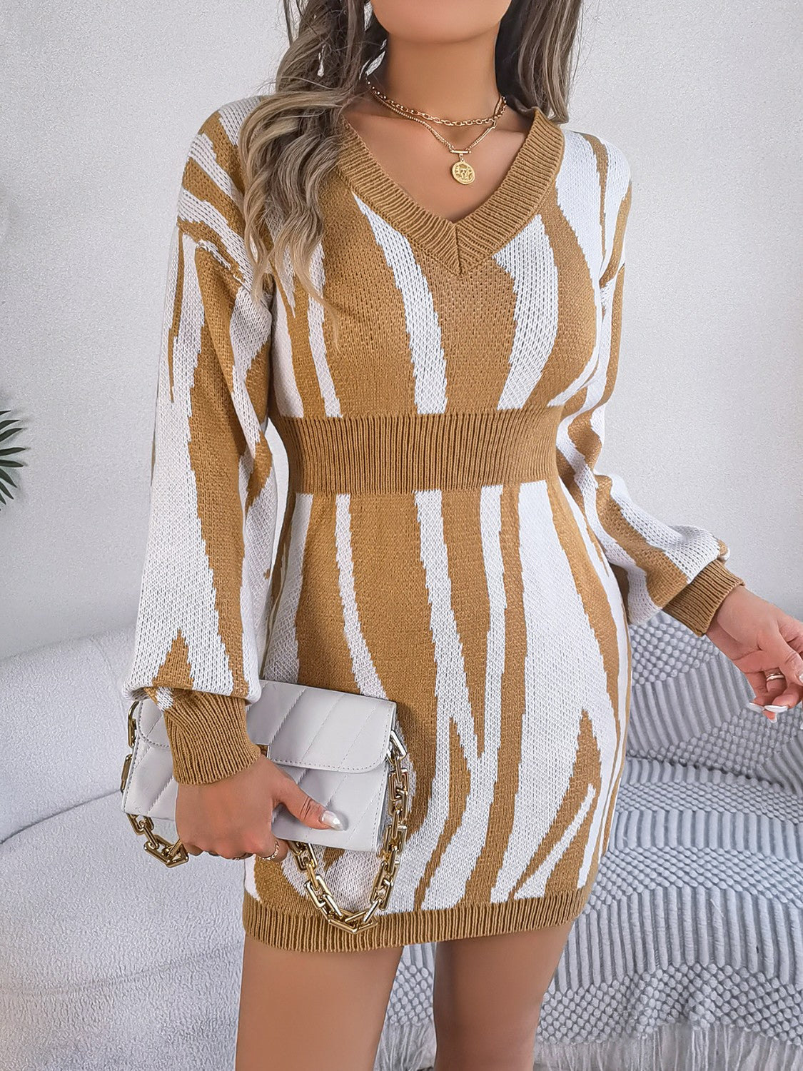 Animal Print V-Neck Long Sleeve Sweater Dress - 100% Acrylic, Moderate Stretch, Machine Washable