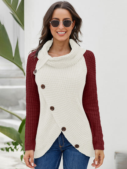 Contrast Decorative Button Turtleneck Sweater Burgundy