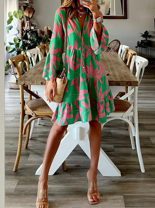 Printed Notched Long Sleeve Mini Dress Green