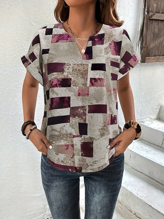 Printed Notched Short Sleeve Blouse - Basic Style, Comfortable Fit, No Stretch Plum