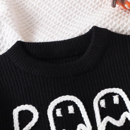 Boy's Cartoon Ghost Embroidered Long-Sleeved Sweater - Cute Black Pullover for Toddlers & Kids