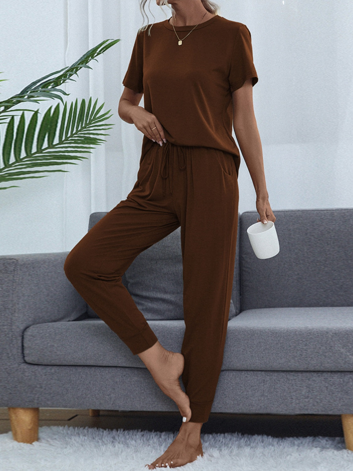 Shiny Round Neck Top and Pants Lounge Set