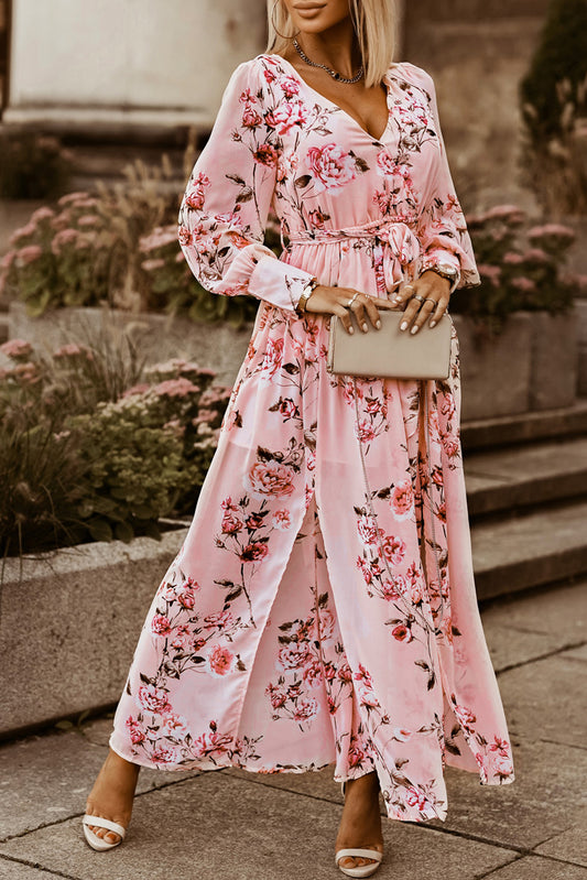 Floral Tie Belt Bishop Sleeve Slit Maxi Dress Floral