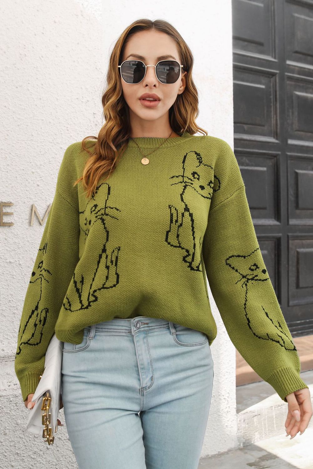 Cat Pattern Round Neck Long Sleeve Pullover Sweater Matcha Green