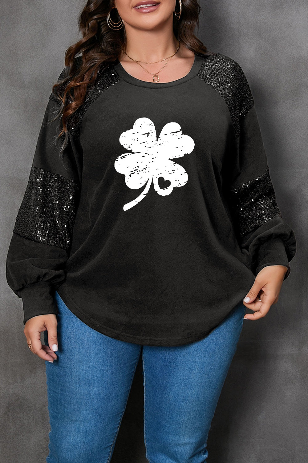 Plus Size Lucky Clover Sequin Round Neck Blouse Black