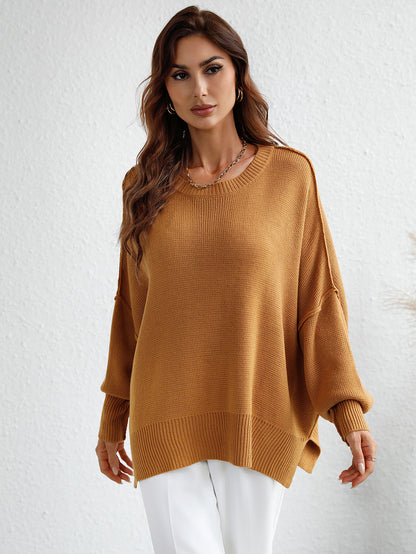 Exposed Seam Dropped Shoulder Slit Sweater Mustard