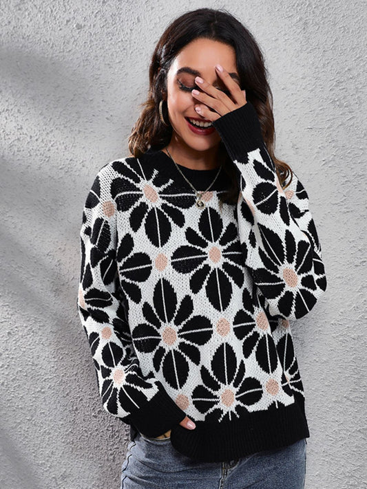 Floral Round Neck Long Sleeve Sweater Black