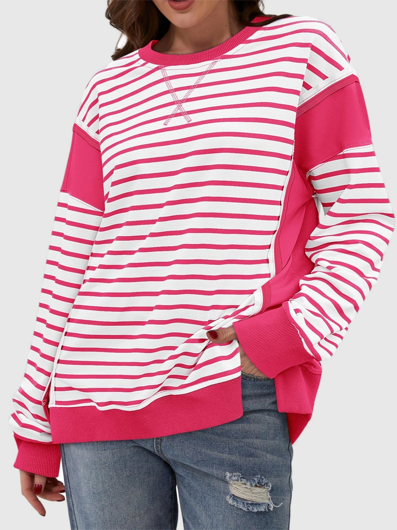 Slit Exposed Seam Striped Long Sleeve Sweatshirt Strawberry