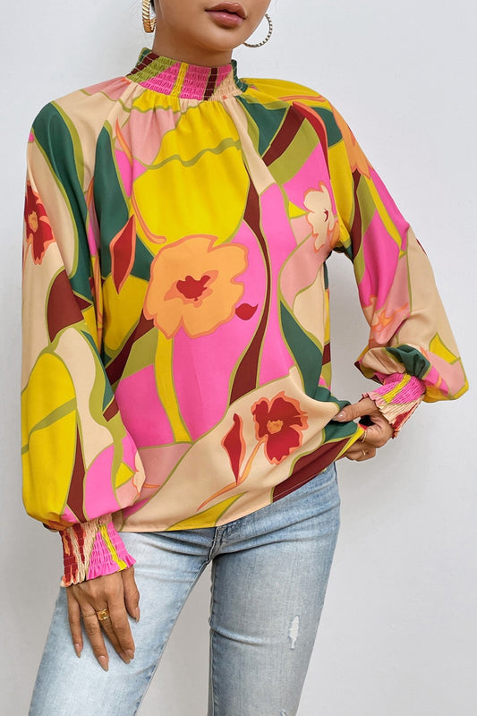 Floral Smocked Lantern Sleeve Mock Neck Blouse Multicolor