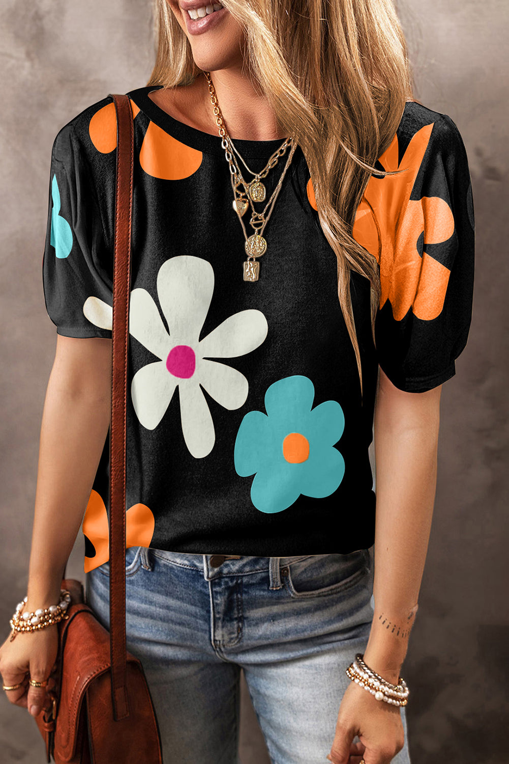 Flower Round Neck Short Sleeve Blouse Black