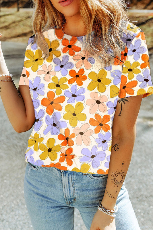 Printed Round Neck Short Sleeve T-Shirt Floral