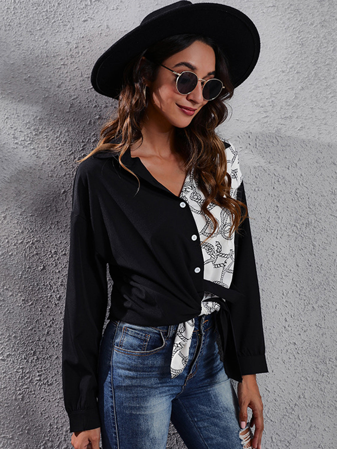 Printed Collared Neck Long Sleeve Shirt - Thandynie