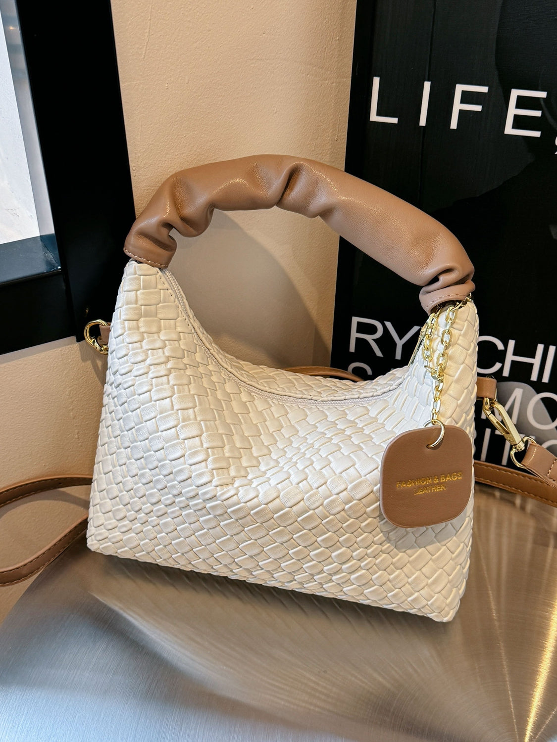 PU Leather Woven Crossbody Bag White One Size