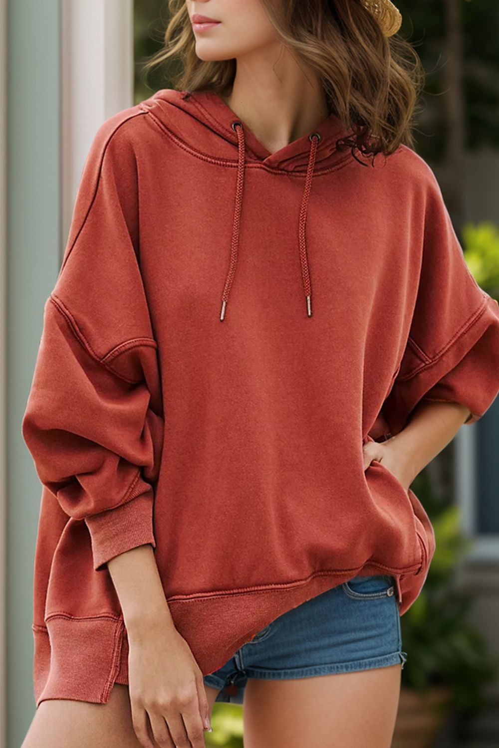 Drawstring Dropped Shoulder Long Sleeve Hoodie Rust