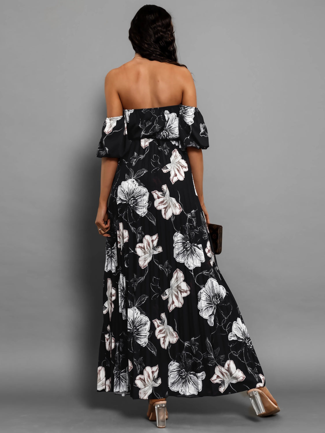 Pleated Floral Off-Shoulder Short Sleeve Midi Dress Black