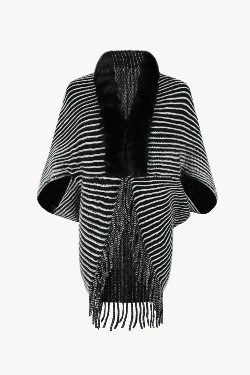 Striped Open Front Fringe Poncho - Thandynie