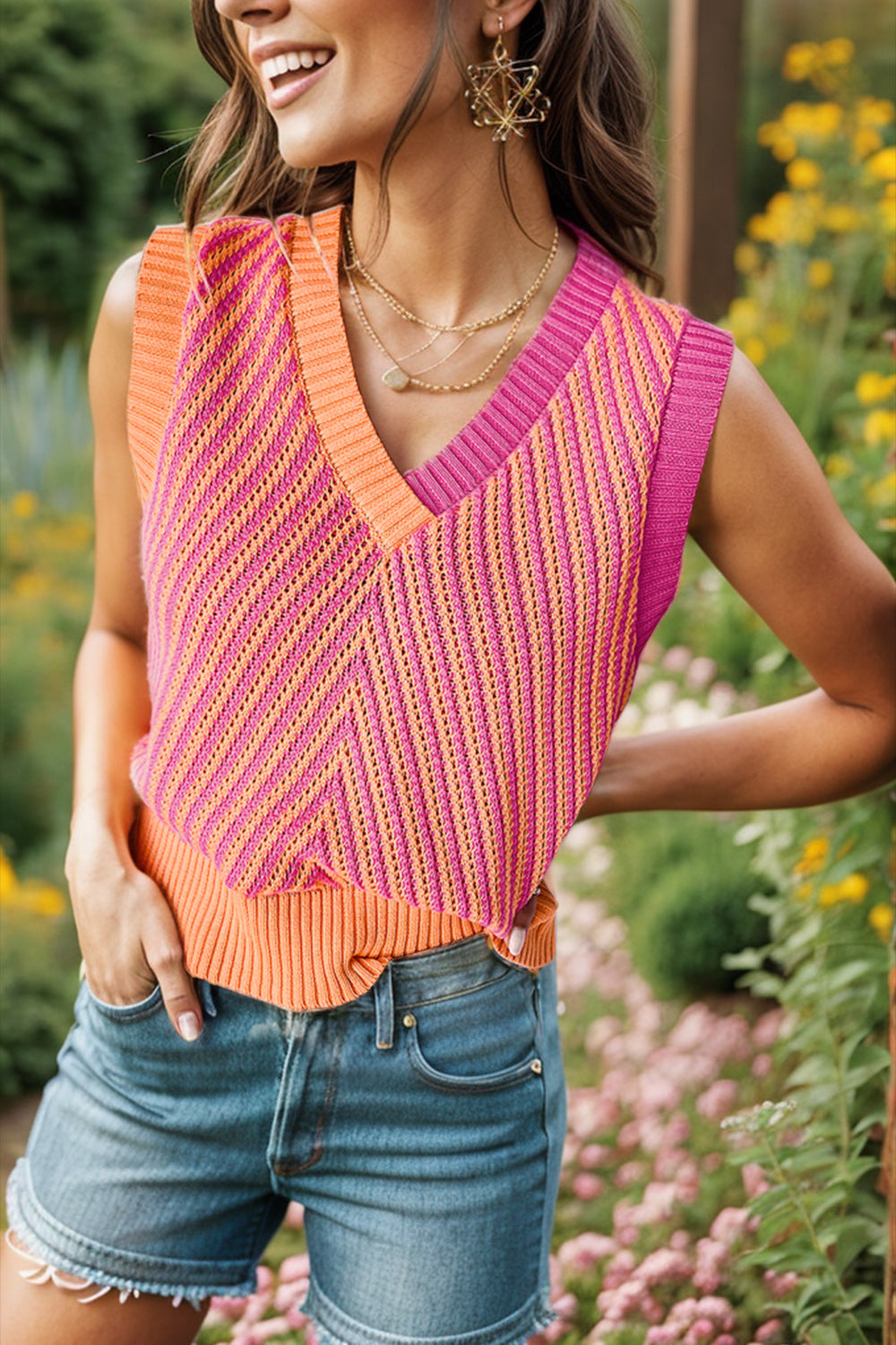 Contrast V-Neck Sweater Vest Tangerine