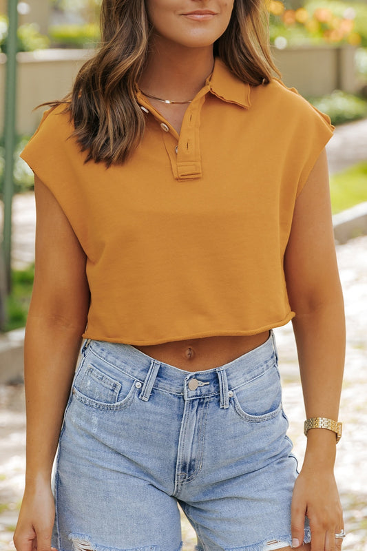 Collared Neck Cap Sleeve T-Shirt Mustard