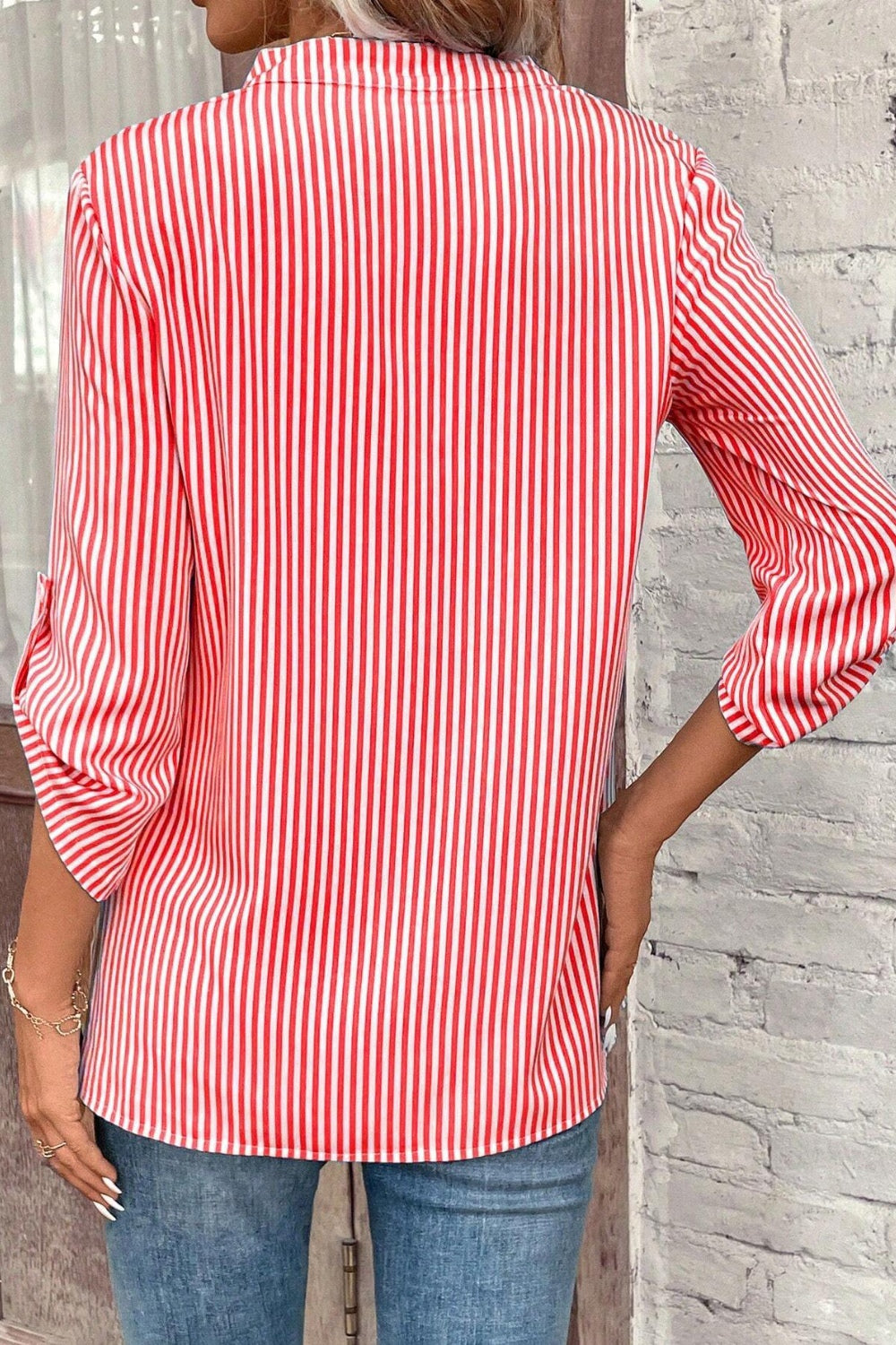 Striped Notched Roll-Tab Sleeve Shirt