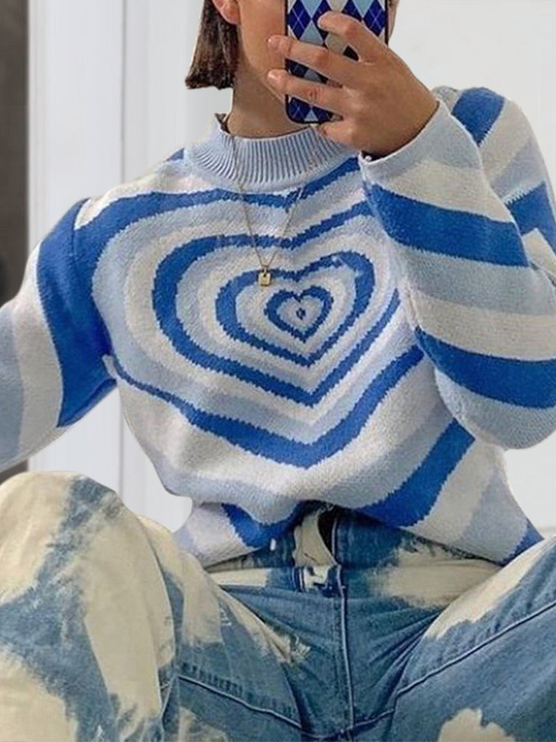 Heart Mock Neck Long Sleeve Sweater