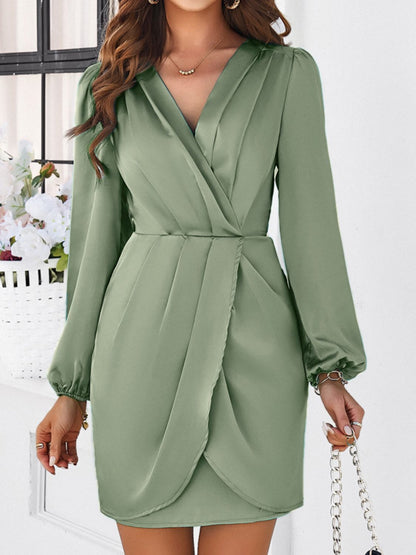 Ruched Surplice Long Sleeve Mini Dress Sage