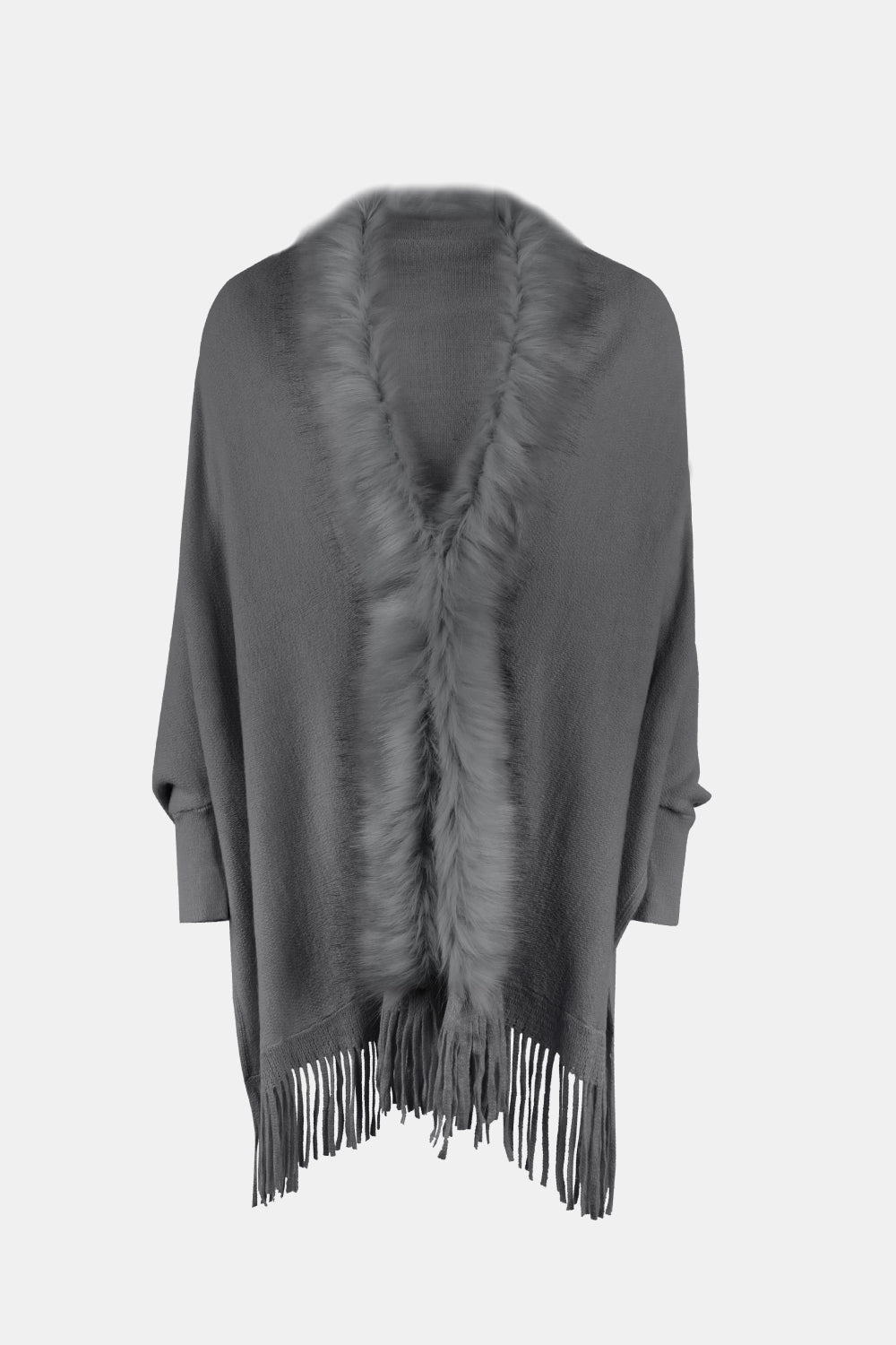 Fringe Open Front Long Sleeve Poncho - Thandynie