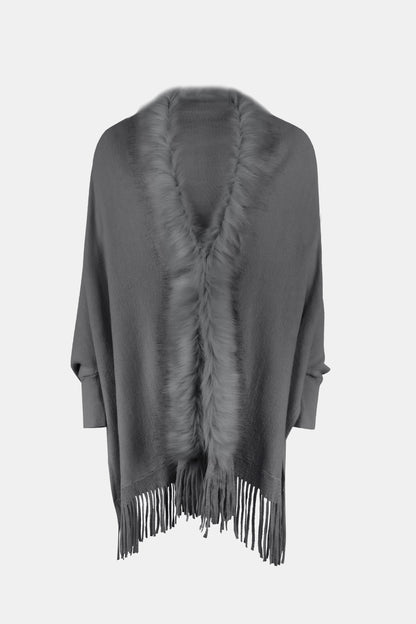 Fringe Open Front Long Sleeve Poncho Charcoal One Size