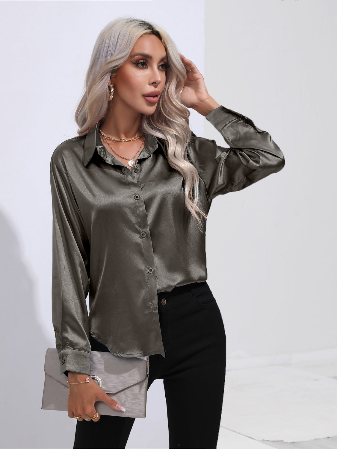 Collared Neck Buttoned Long Sleeve Shirt Dark Gray