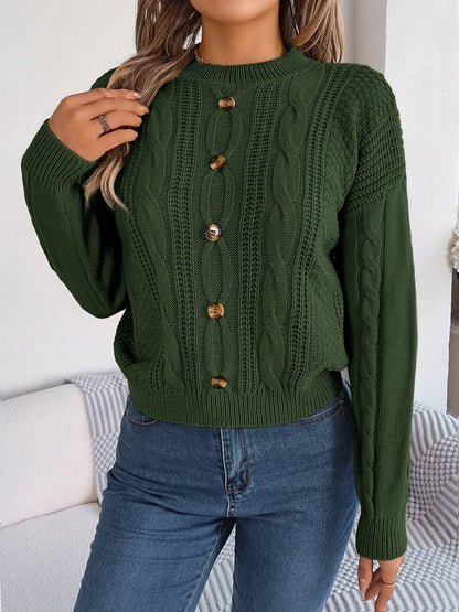 Cable-Knit Buttoned Round Neck Sweater Army Green